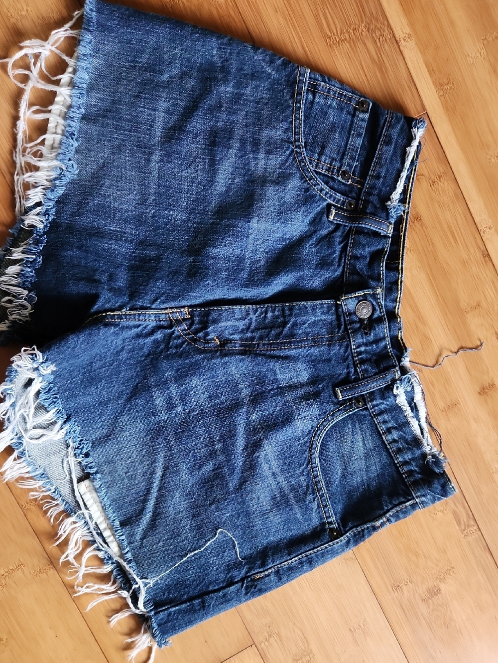 Levi's Dark Blue Distressed Frayed-Hem Denim Shorts